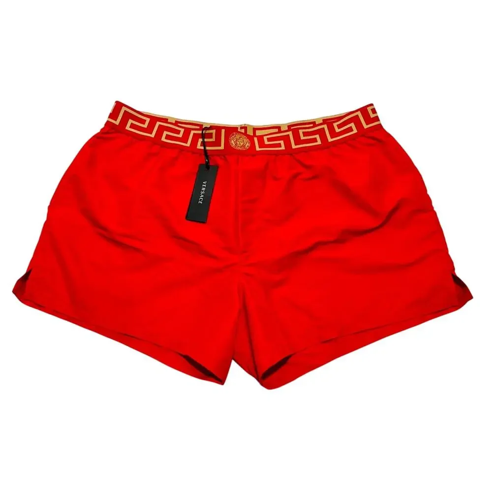 NWT Versace Greca Border Swim Shorts IT 8 US 2XL Red Medusa Logo Elastic Waist
